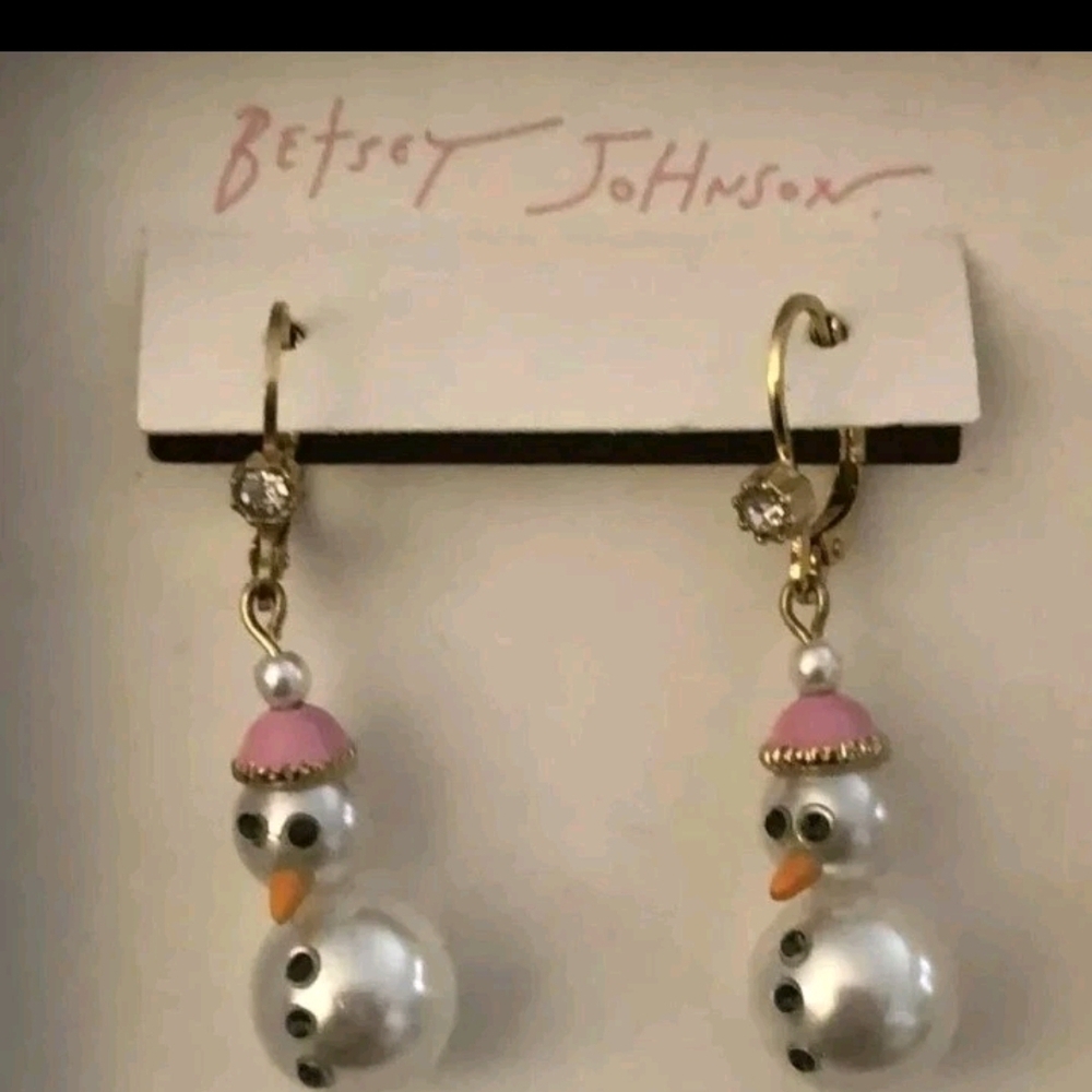 Betsey Johnson Pink Hat Pearl Snowman Earrings